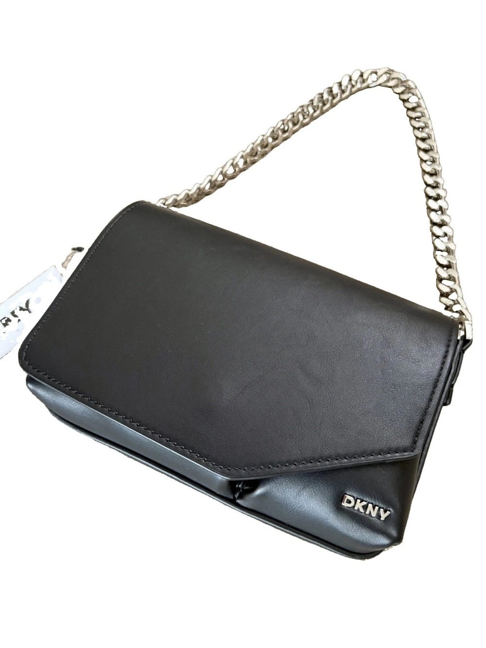 DKNY DEMI Shoulder Bag Asymmetrical Flap Silver Chain BLK